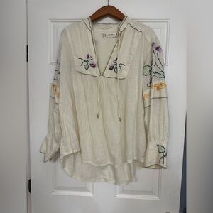 Free People Cream Embellished Blouse with Tie Front